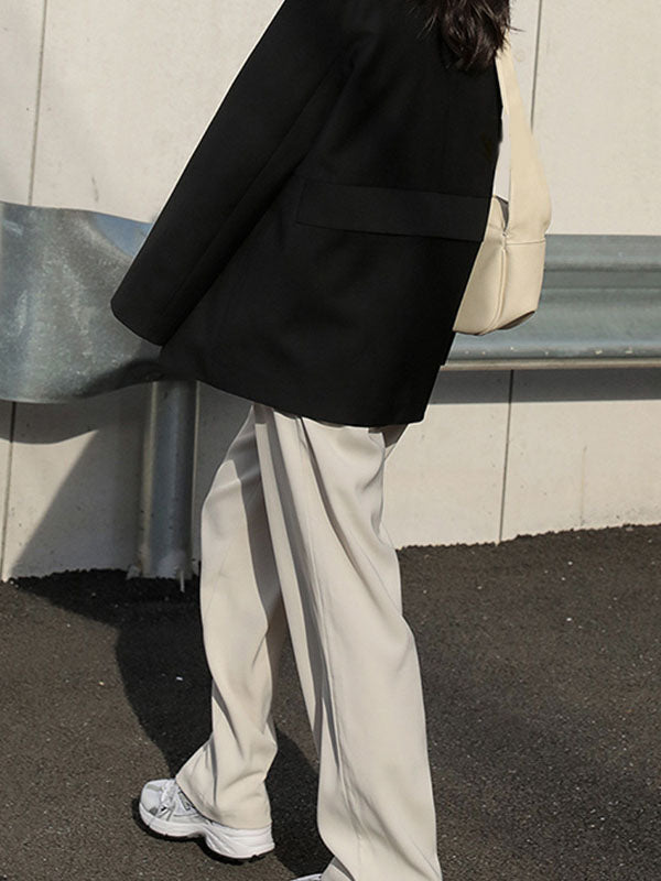 Buttoned Pleated Pockets Solid Color High Waisted Loose Suit Pants