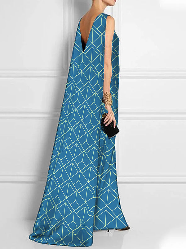 Backless Printed Loose Sleeveless Boat Neck Maxi Dresses