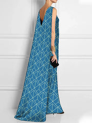 Backless Printed Loose Sleeveless Boat Neck Maxi Dresses