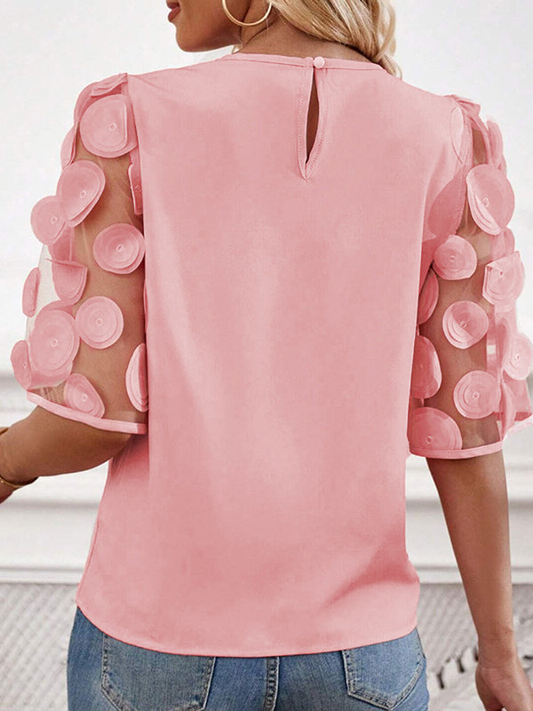 Hollow Mesh Polka-Dot Solid Color Split-Joint Half Sleeves Loose Round-Neck T-Shirts Tops