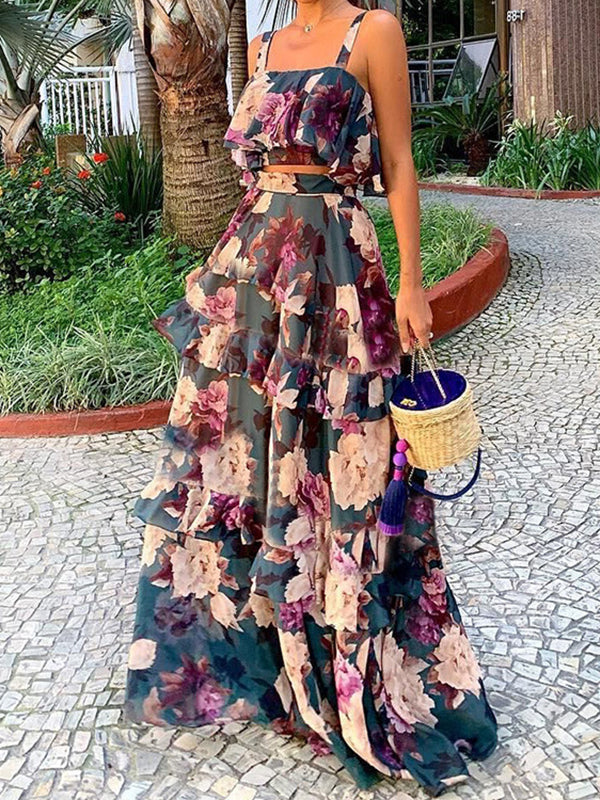 Spaghetti-Neck Loose Flower Print Layered Split-Joint Vest Top +High Waisted Skirts Bottom Two Pieces Set