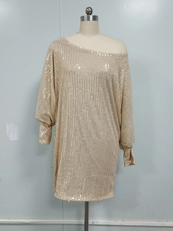 Asymmetric Sequined Solid Color A-Line Loose One-Shoulder Mini Dresses