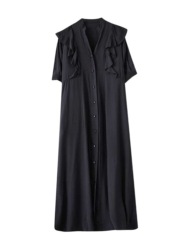 Buttoned Ruffle Trim Solid Color A-Line Half Sleeves V-Neck Midi Dresses