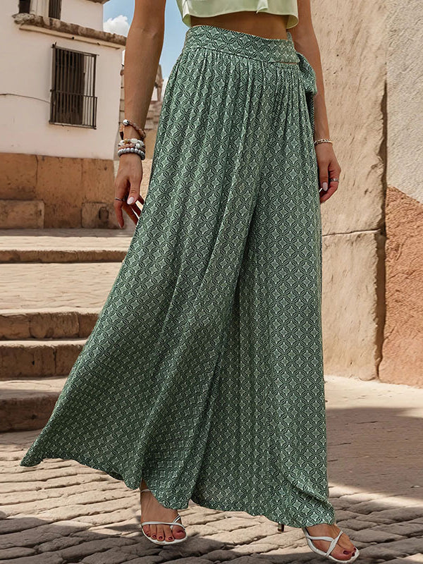 Printed Tied Waist Loose Wide Leg Pants