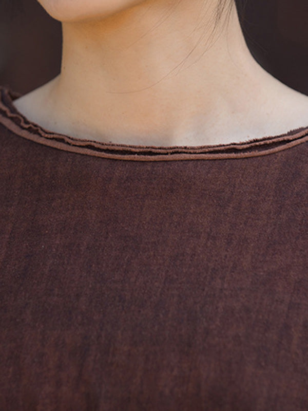 Solid Color Split-Joint Split-Side High-Low Long Sleeves Round-Neck T-Shirts