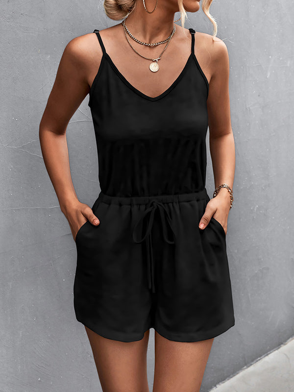 Drawstring Pockets Solid Color High Waisted Loose Spaghetti-Neck Rompers