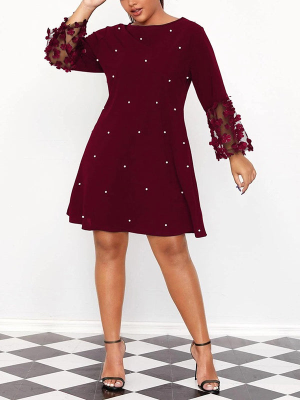 Mesh Polka-Dot Split-Joint Three-Dimensional Flower A-line Loose Round-neck Mini Dresses