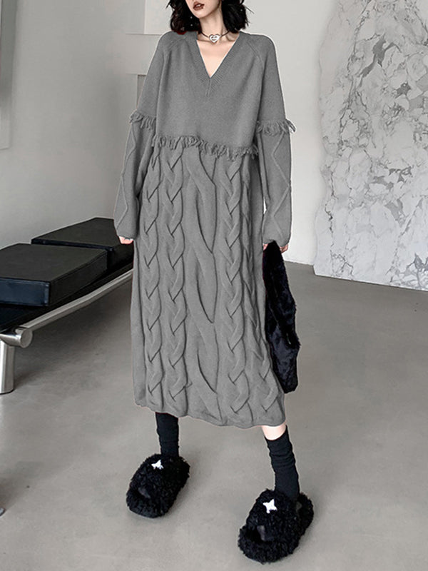 Solid Color Split-Joint Tasseled Long Sleeves Loose V-neck Sweater Dresses Midi Dresses