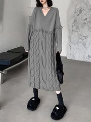 Solid Color Split-Joint Tasseled Long Sleeves Loose V-neck Sweater Dresses Midi Dresses