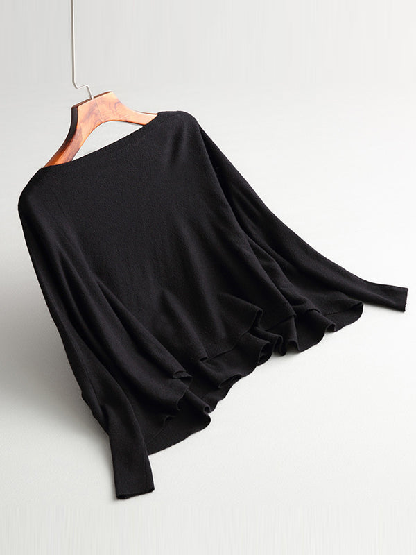 Solid Color Batwing Sleeves High-Low Boat Neck Sweater Pullovers Knitwear