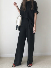 Loose Fringed Solid Color Split-Side Round-Neck Pants Set Two Pieces Set