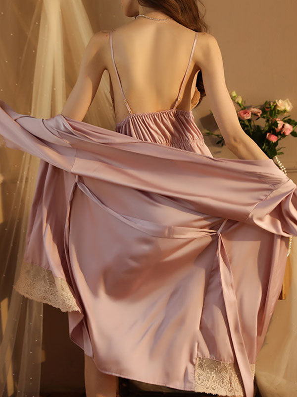 Breathable Flexible Smooth Split-Joint Long Sleeves Loose Deep V-Neck Robes