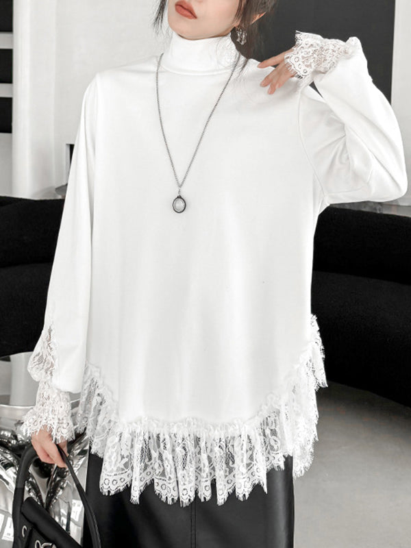 Solid Color Split-Joint Long Sleeves Loose High Neck T-Shirts Tops