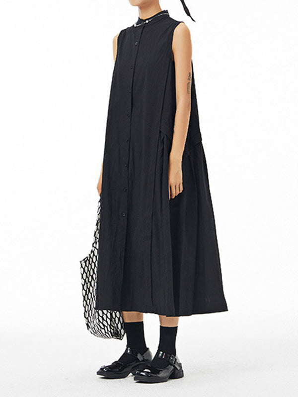 Pleated Solid Color Loose Sleeveless Stand Collar Shirt Dress Midi Dresses
