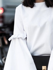 Ruffled Solid Color Split-Joint Flared Sleeves Loose Round-neck T-Shirts Tops
