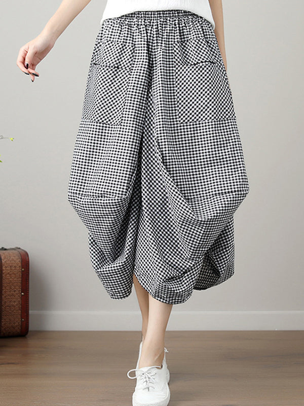 Elasticity Plaid Pleated Pockets High Waisted Irregularity Skirts