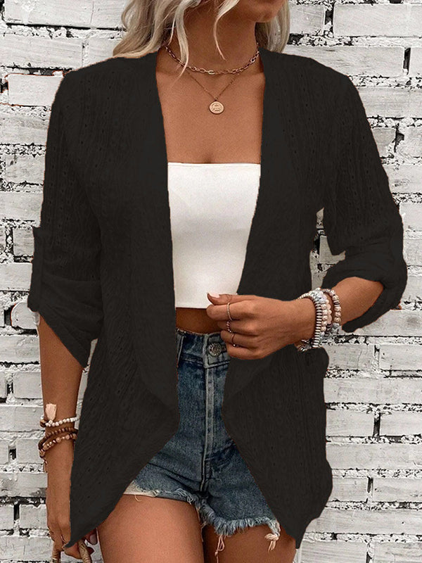 Buttoned Hollow Jacquard Solid Color Long Sleeves Loose Collarless Outerwear