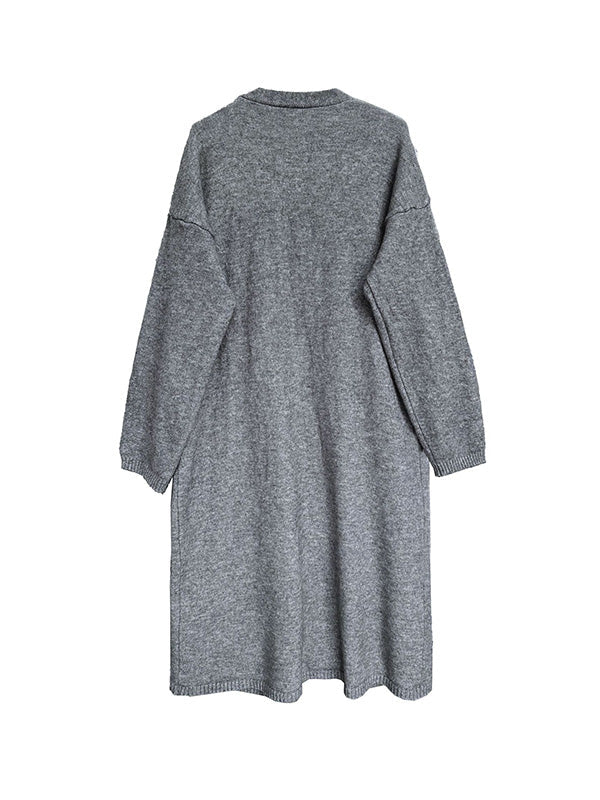 Buttoned Solid Color Long Sleeves Loose V-Neck Knit Vest + Cardigan Two Pieces Set