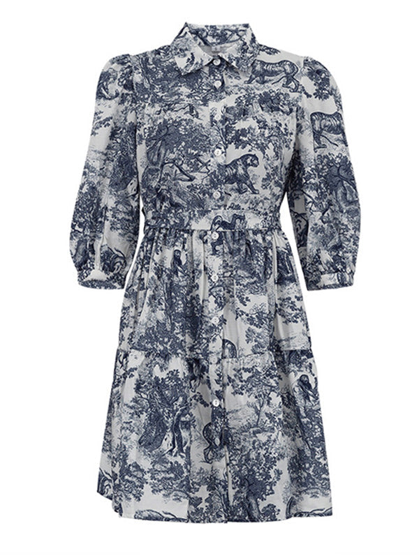 Pleated Printed Split-Joint Tied Waist Loose Puff Sleeves Lapel Shirt Dress Mini Dresses