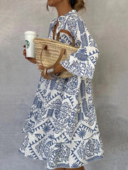 Loose Three-Quarter Sleeves Falbala Printed V-Neck Midi Dresses