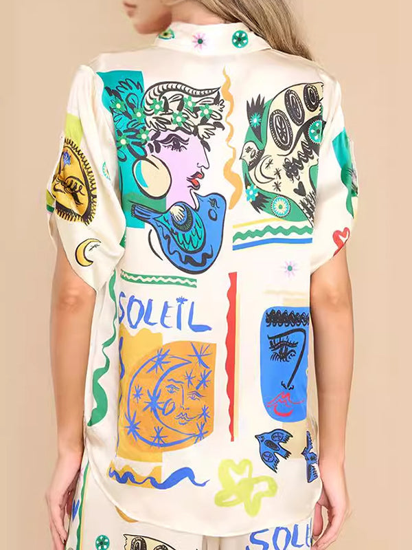 Animal Printed Buttoned Figure Half Sleeves Loose Lapel Blouses&Shirts Tops