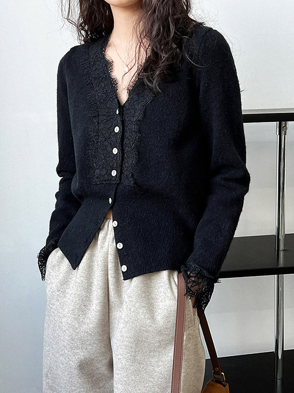 Buttoned Split-Joint Long Sleeves V-Neck Cardigan Tops