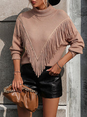 Solid Color Tasseled Long Sleeves Loose High-neck Sweater Tops Pullovers Knitwear