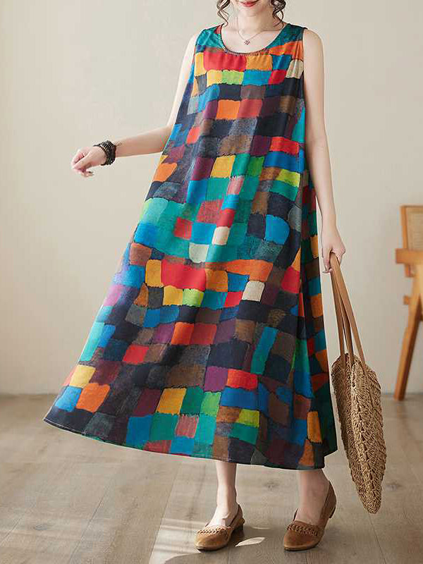 Contrast Color Multi-Colored Plaid Loose Sleeveless Round-Neck Midi Dresses