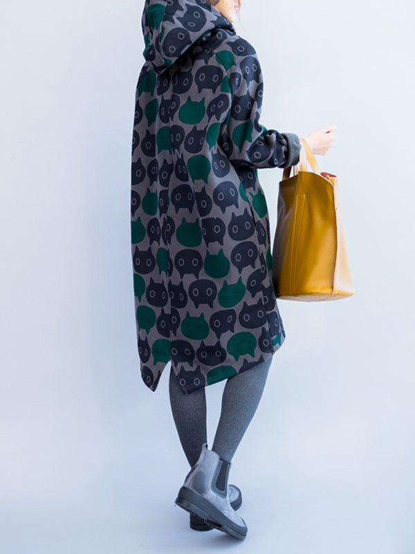 Animal Printed Quilted Split-back Velvet A-line High-low Hooded Sweatershirt Midi Dresses