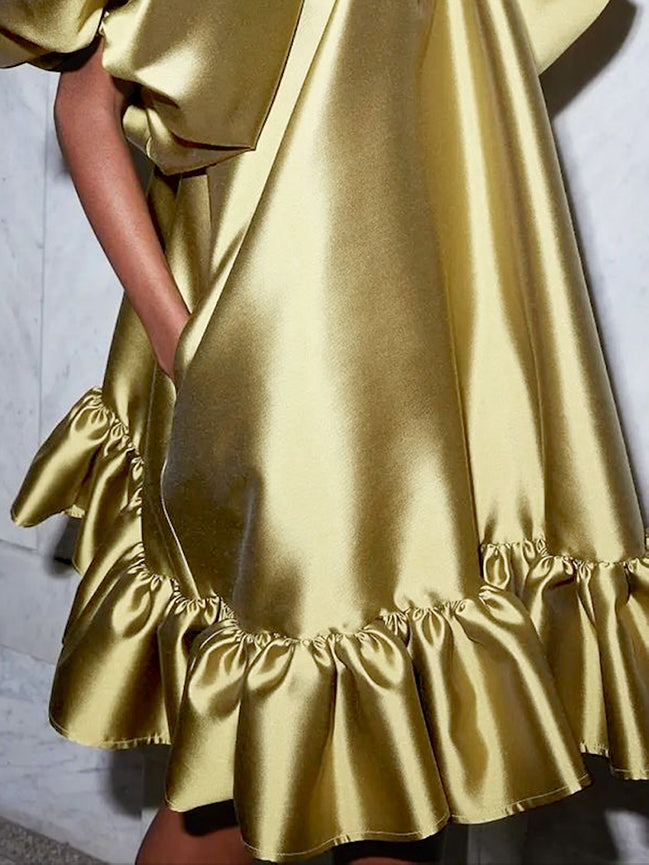 Falbala Solid Color Loose Puff Sleeves High Neck Mini Dresses