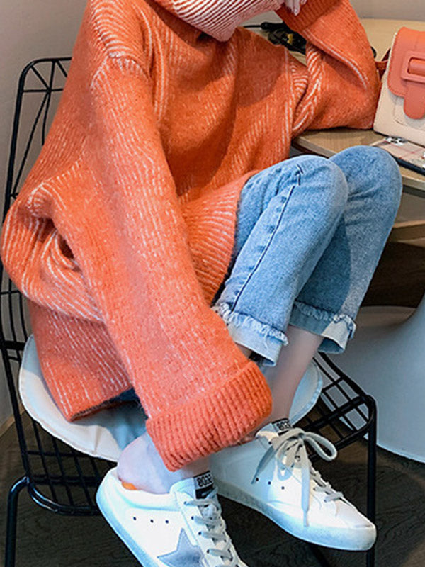 Original Loose Contrast Color High-Neck Long Sleeves Sweater Tops