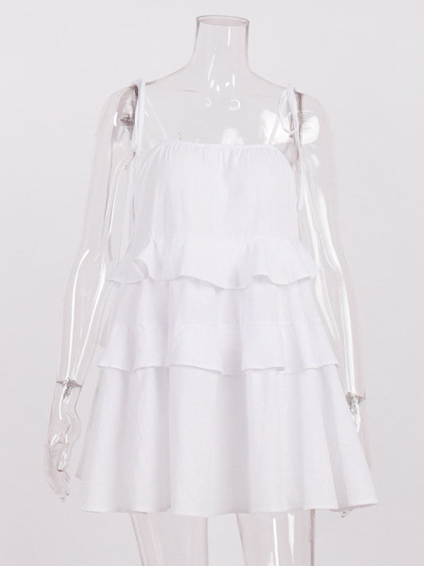 Backless Layered Pleated Solid Color Tied High Waisted Loose Spaghetti-Neck Mini Dresses