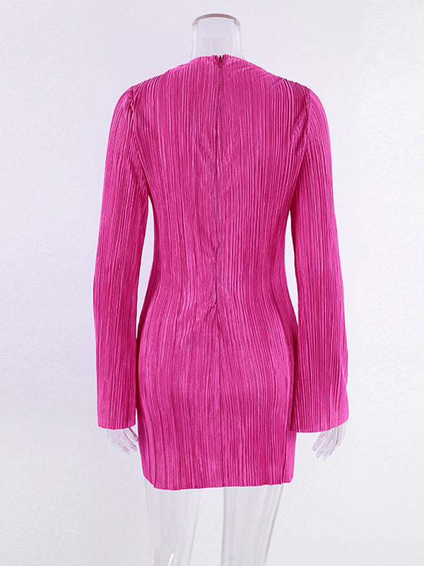 Pleated Solid Color Bodycon Flared Sleeves Mock Neck Mini Dresses