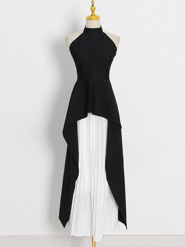 Loose Backless High-Low Mock Neck Vest Top + Pleated Skirts Bottom Two Pieces Set