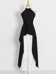 Loose Backless High-Low Mock Neck Vest Top + Pleated Skirts Bottom Two Pieces Set