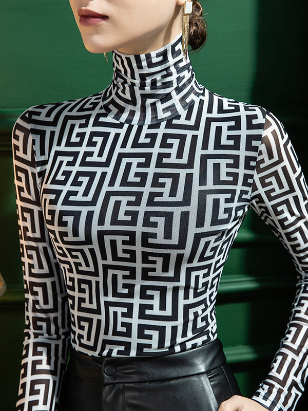 Gauze Printed Long Sleeves Skinny High-Neck T-Shirts