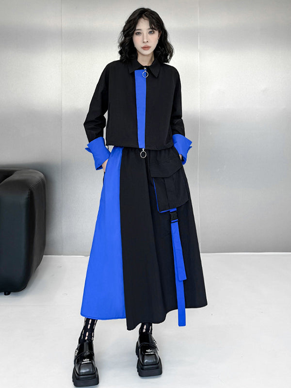 Asymmetric Contrast Color Split-Joint Lapel Blouses&Shirts Tops + A-Line Elasticated Waist Pockets Streamer Skirts Bottoms Two Pieces Set