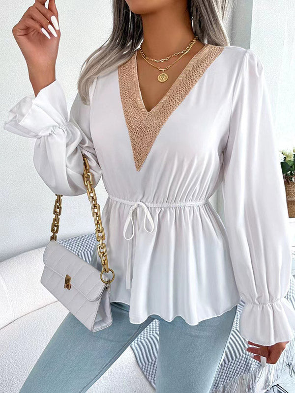 Drawstring Elasticity Split-Joint Flared Sleeves Long Sleeves V-Neck Blouses&Shirts Tops