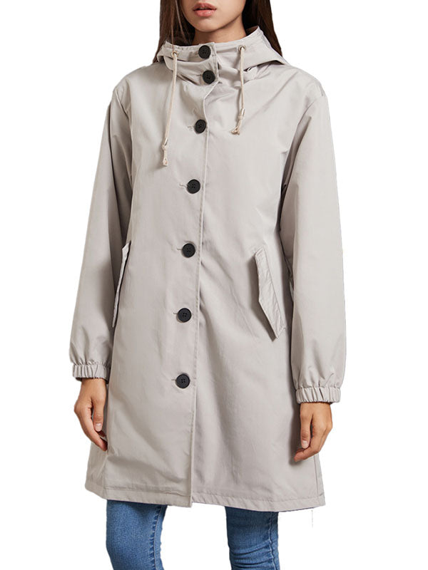 Buttoned Drawstring Elasticity Hooded Pockets Split-Back Waterproof Long Sleeves Loose High-Neck Trench Coats