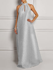 A-Line Loose Hollow Pleated Shiny Solid Color Halter-Neck Maxi Dresses