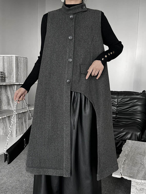 Asymmetric Buttoned Solid Color Split-Joint High-Low Irregularity Stand Collar Padded Vest Outerwear