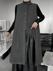 Asymmetric Buttoned Solid Color Split-Joint High-Low Irregularity Stand Collar Padded Vest Outerwear