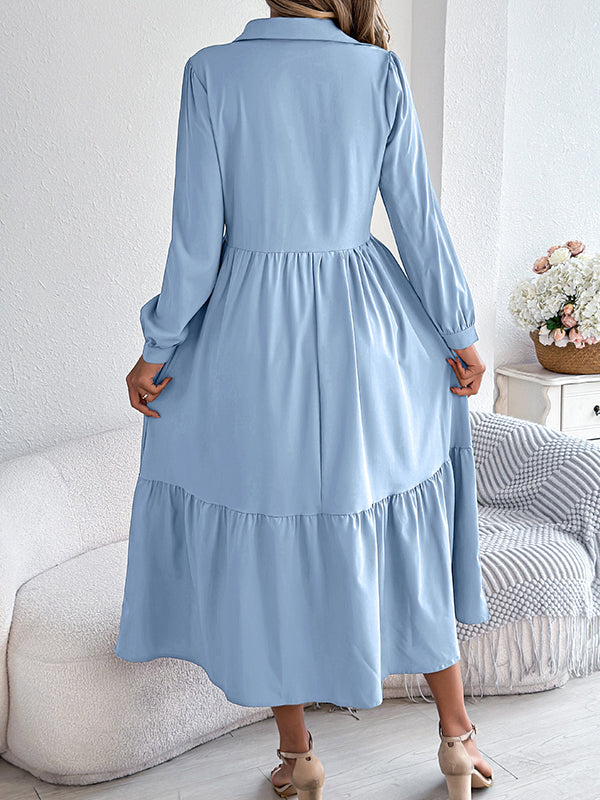Pleated Ruffled Solid Color High Waisted Long Sleeves Lapel Shirt Dress Midi Dresses