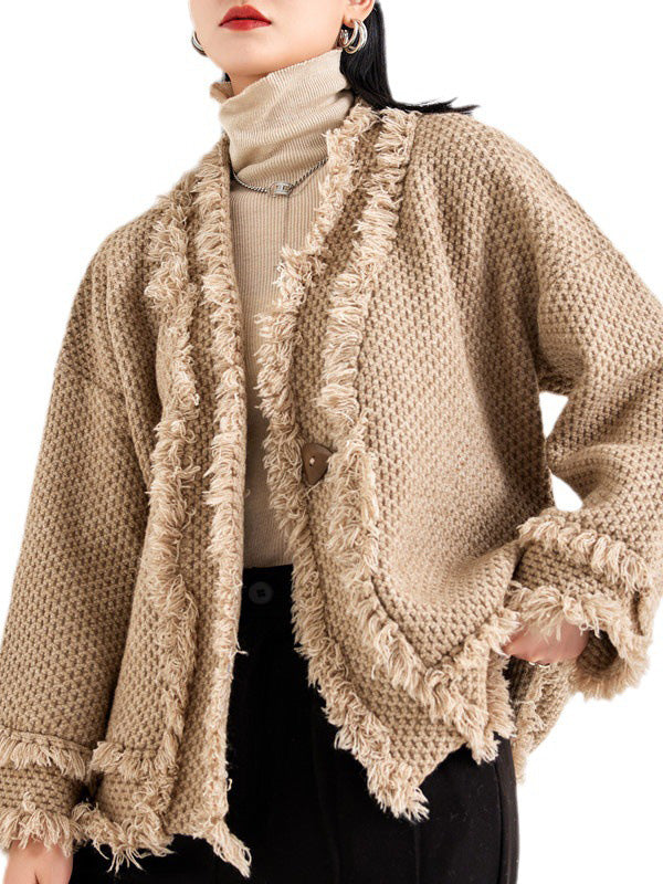 Buttoned Fringed Solid Color Long Sleeves Loose V-Neck Cardigan Tops