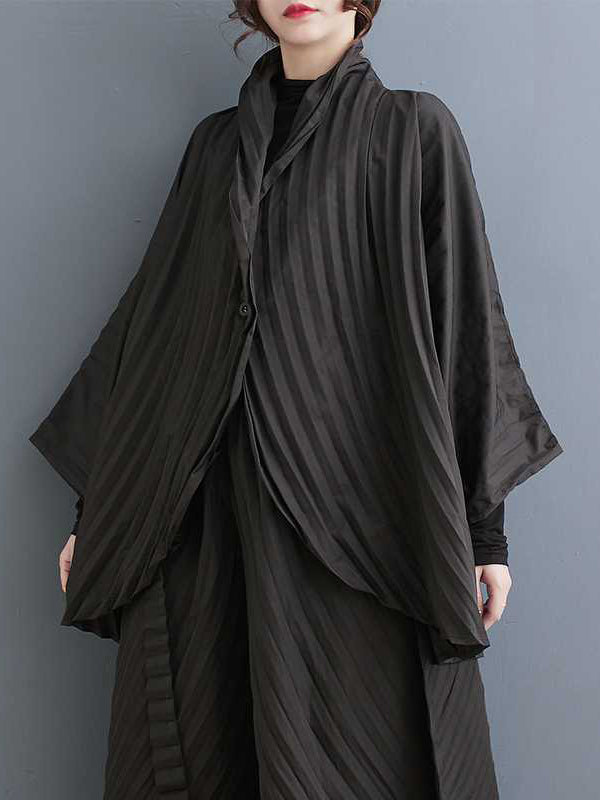 Stand Collar Long Sleeves Loose Buttoned Pleated Solid Color Shirts Top + Pants Bottom Two Pieces Set