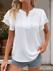 Buttoned Double Layered Jacquard Solid Color Split-Joint Loose Short Sleeves V-Neck Blouses&Shirts Tops