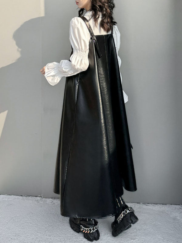 Asymmetric Pleated Solid Color Split-Joint A-Line Loose Square-Neck Slip Dress Midi Dresses