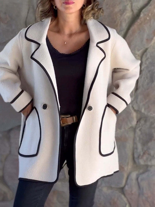 Buttoned Pockets Split-Joint Long Sleeves Loose Notched Collar Woolen Coat