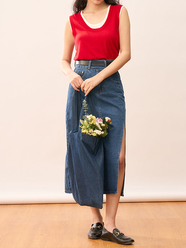 Contrast Color Split-Joint False Two Loose Round-neck Vest Top