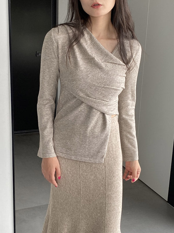 Asymmetric Solid Color Long Sleeves Loose V-Neck T-Shirts Tops